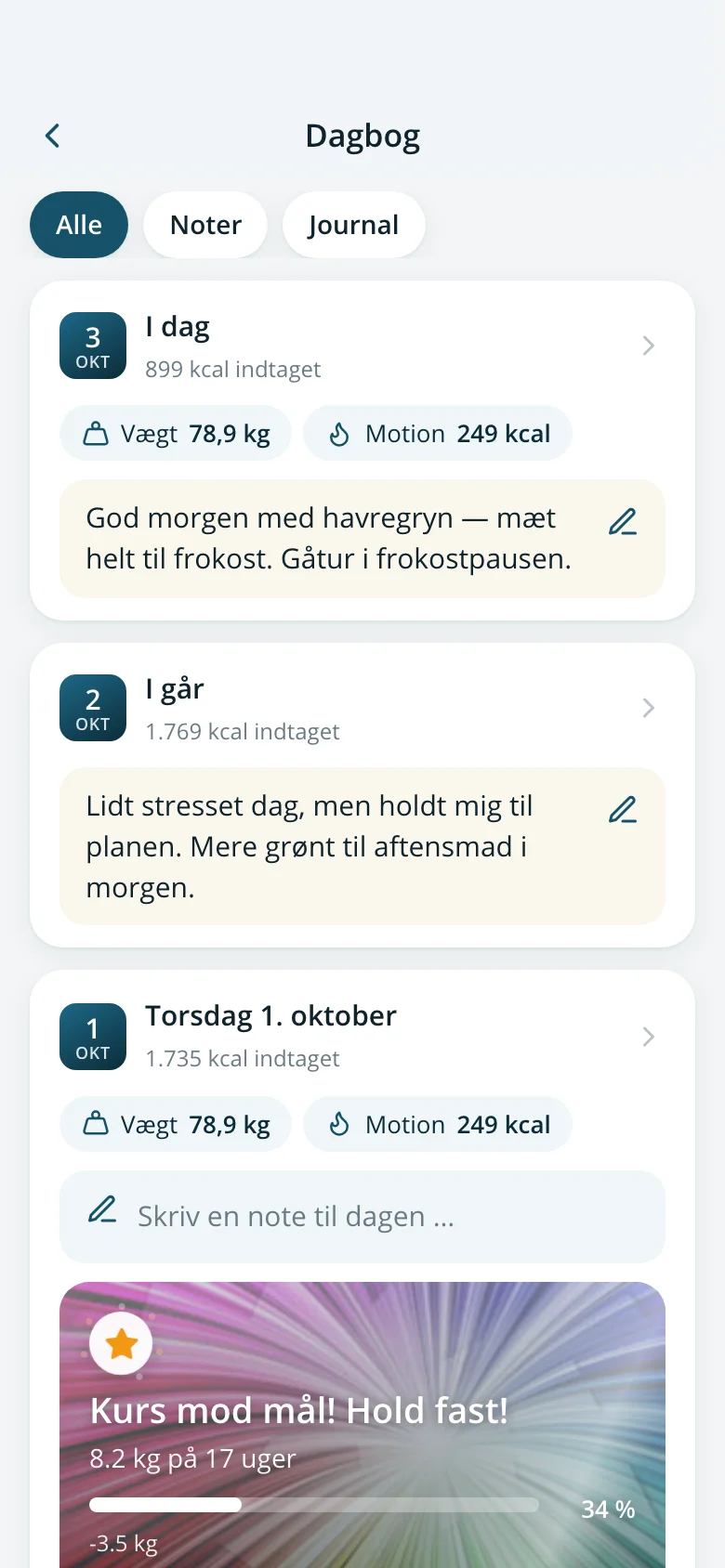 Dagbogen med dagens noter, vægt og motion